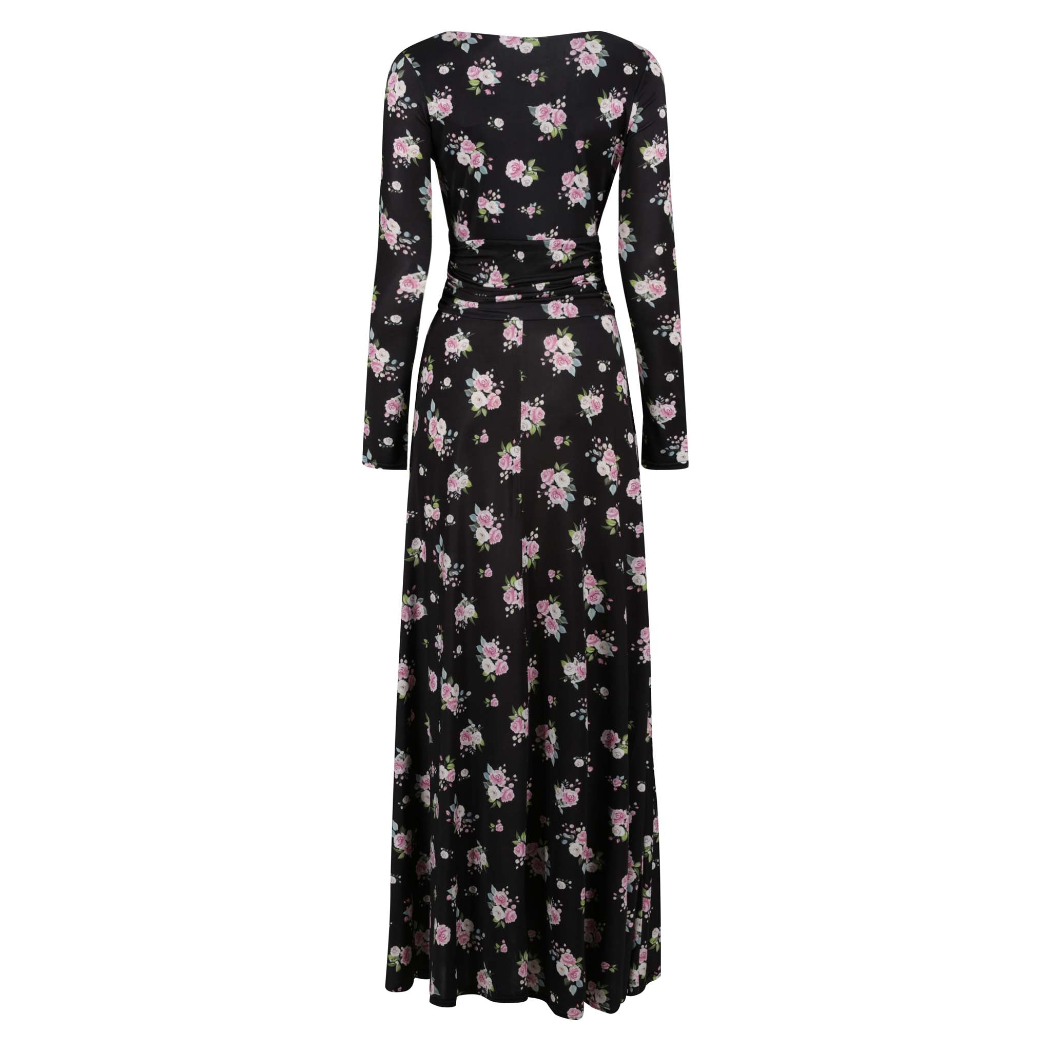 Black Pink Floral Print Long Sleeve Maxi Dress