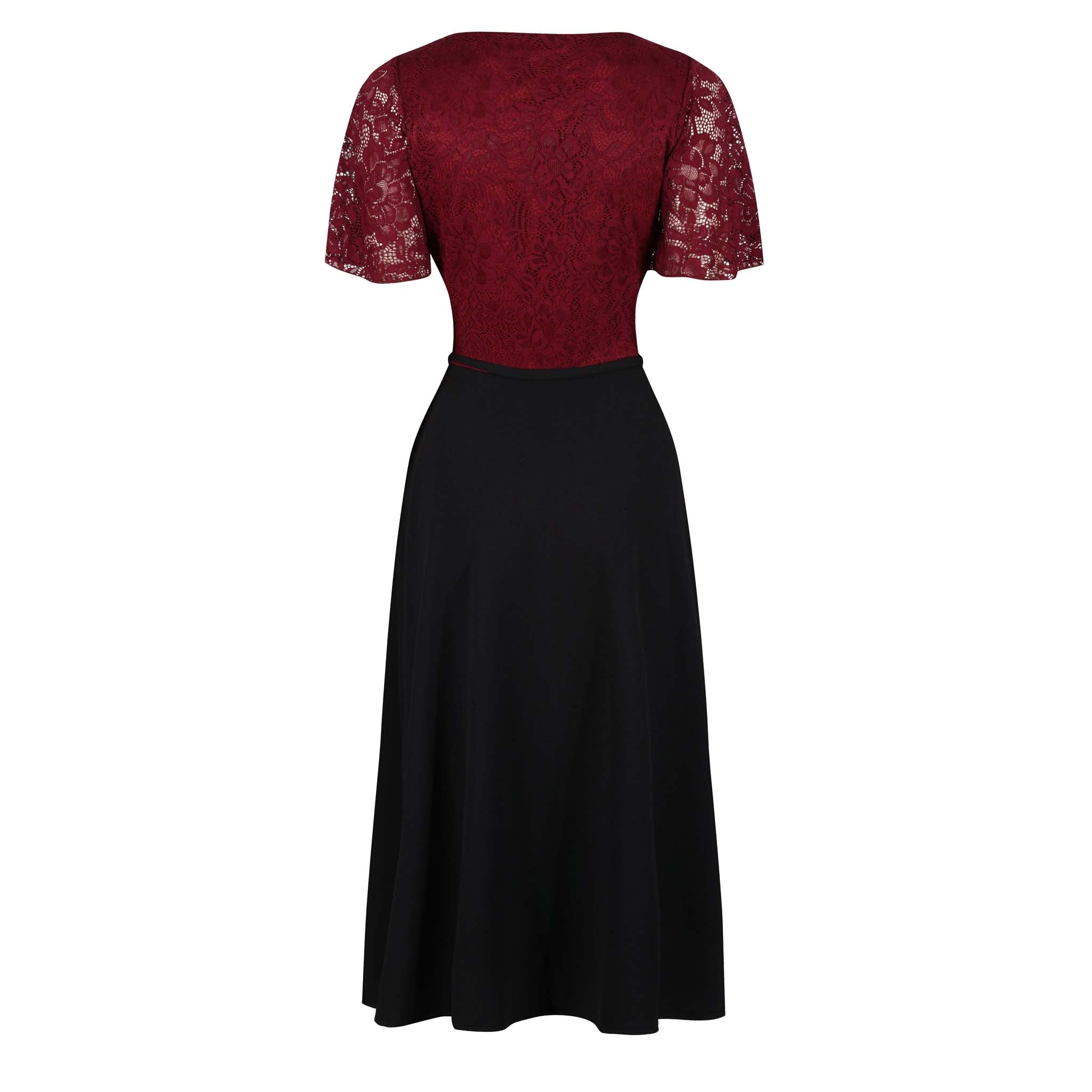 Burgundy Red Lace Top and Black Waterfall Skirt Dress - Pretty Kitty Fashion
