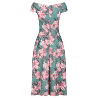 Green Floral Print Cap Sleeve Crossover Top 50s Swing Bardot Dress - Pretty Kitty Fashion