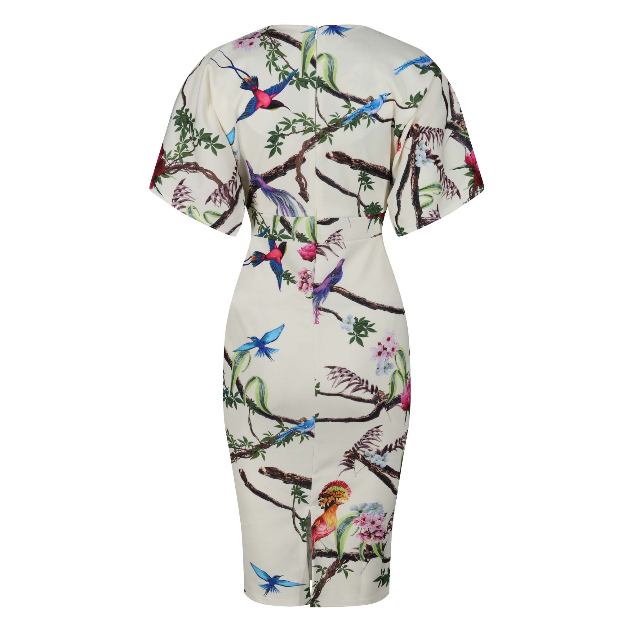 Pale Yellow Floral Bird Half Batwing Sleeve Crossover Top Pencil Dress
