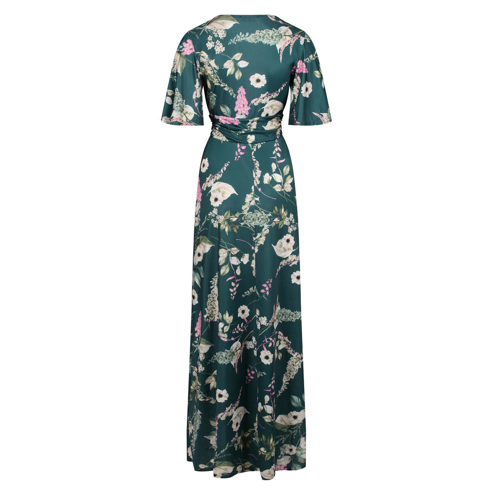 Green Floral Print Waterfall Sleeve Maxi Dress
