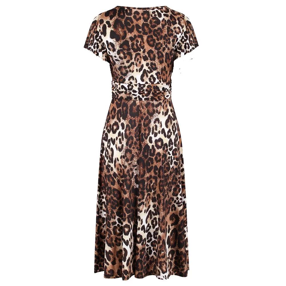 Leopard Print Cap Sleeve Crossover V Neck Wrap Top Swing Dress - Pretty Kitty Fashion