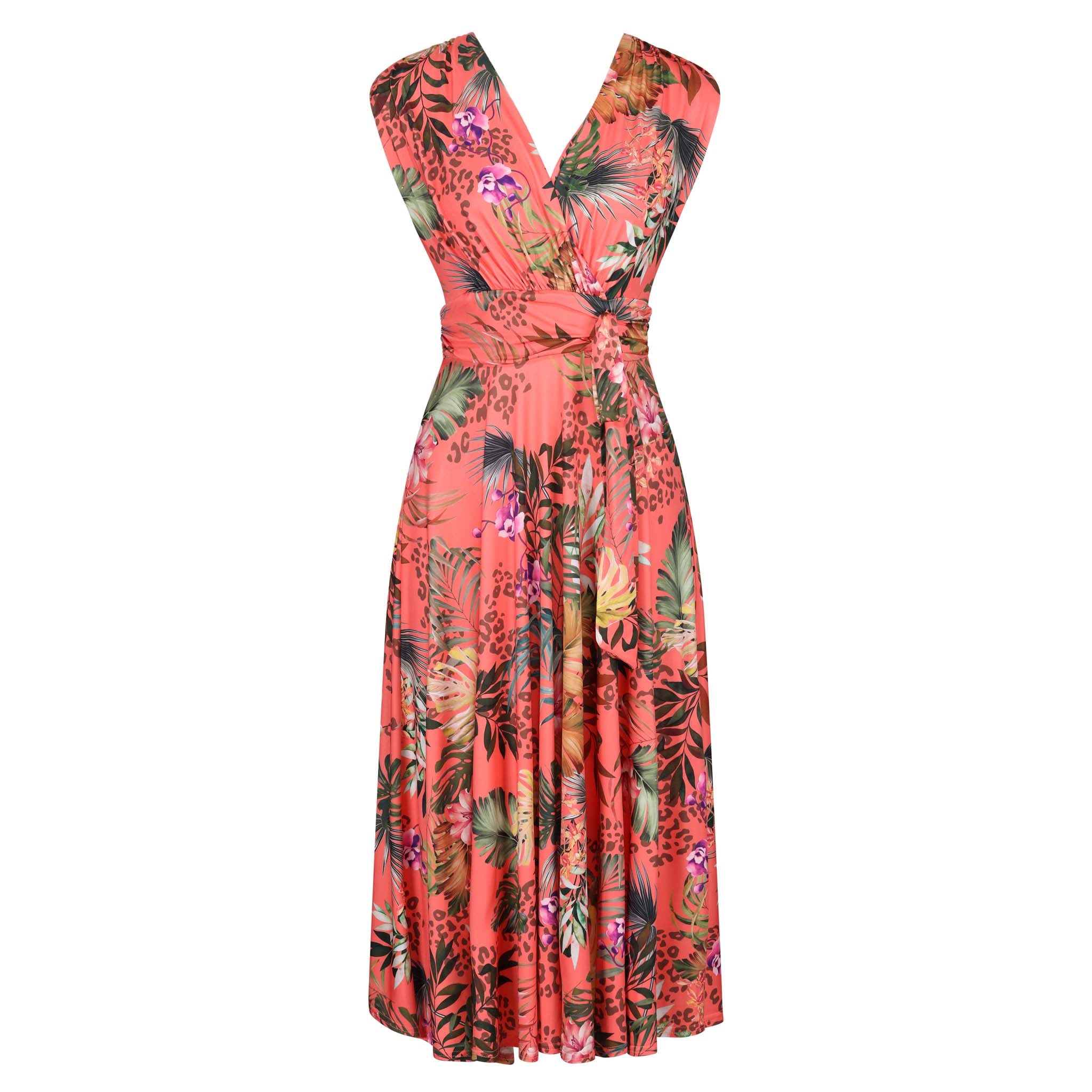 Coral Pink Tropical Floral V Neck Crossover Top Empire Waist Swing Dress