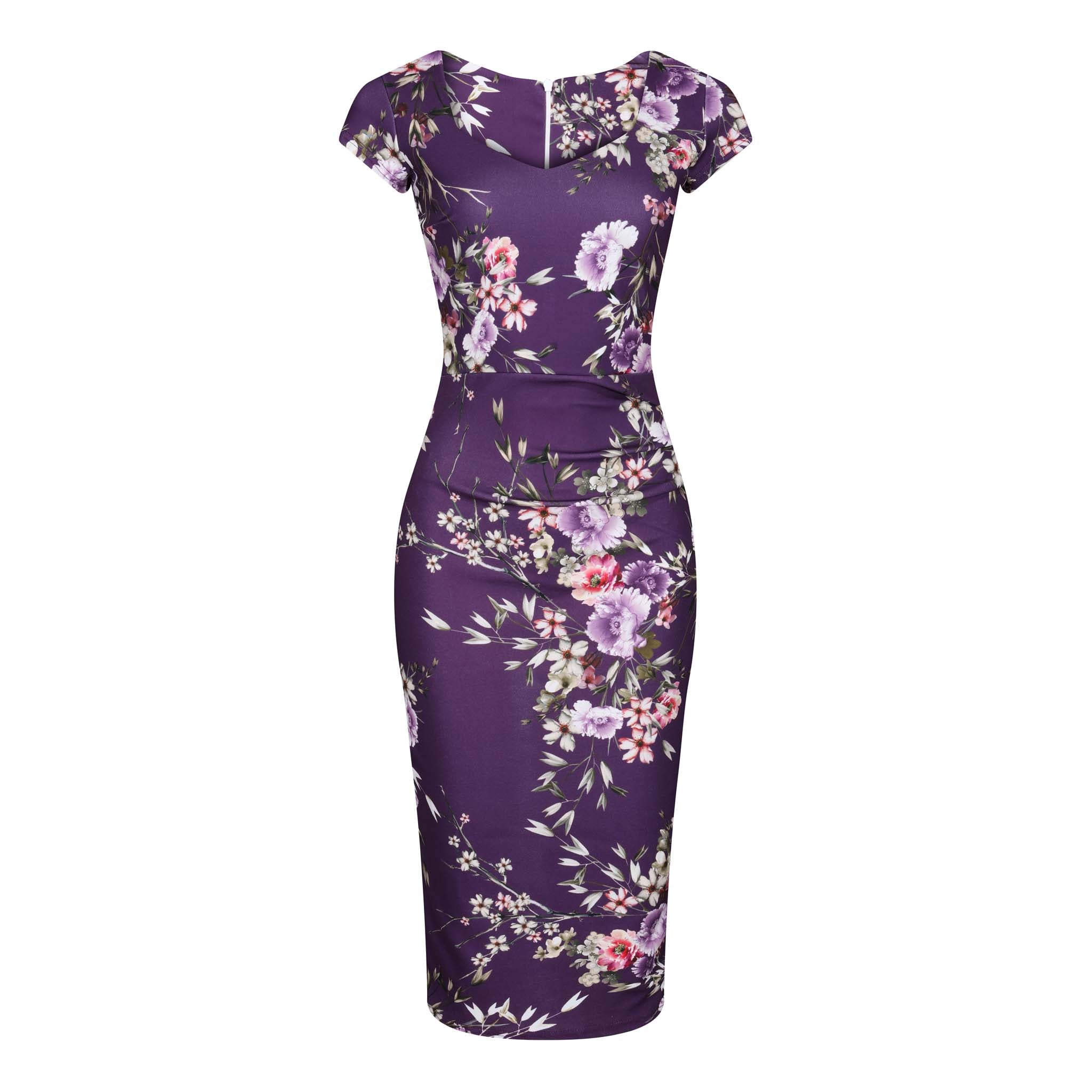Purple Floral Print Cap Sleeve V Neck Bodycon Wiggle Dress