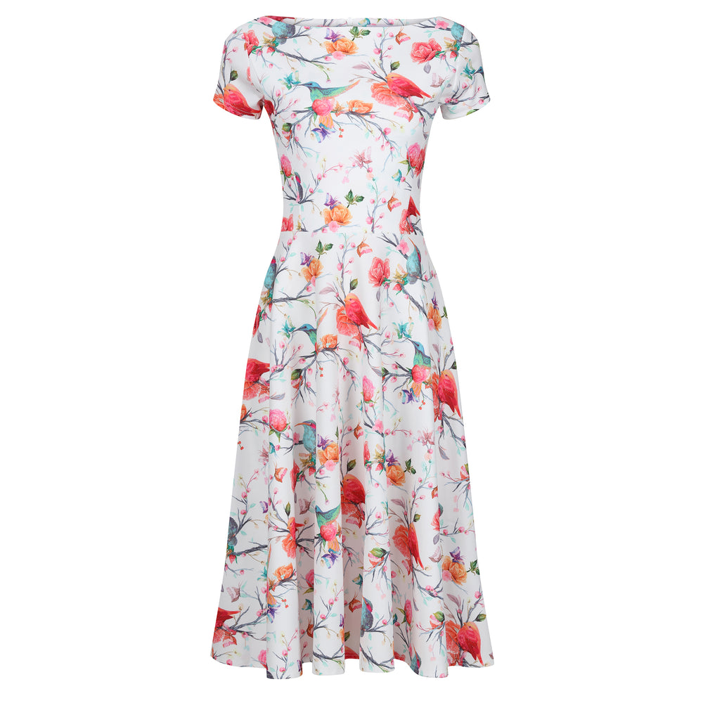 White Floral, Bird & Butterfly Print Cap Sleeve 50s Audrey Swing Dress