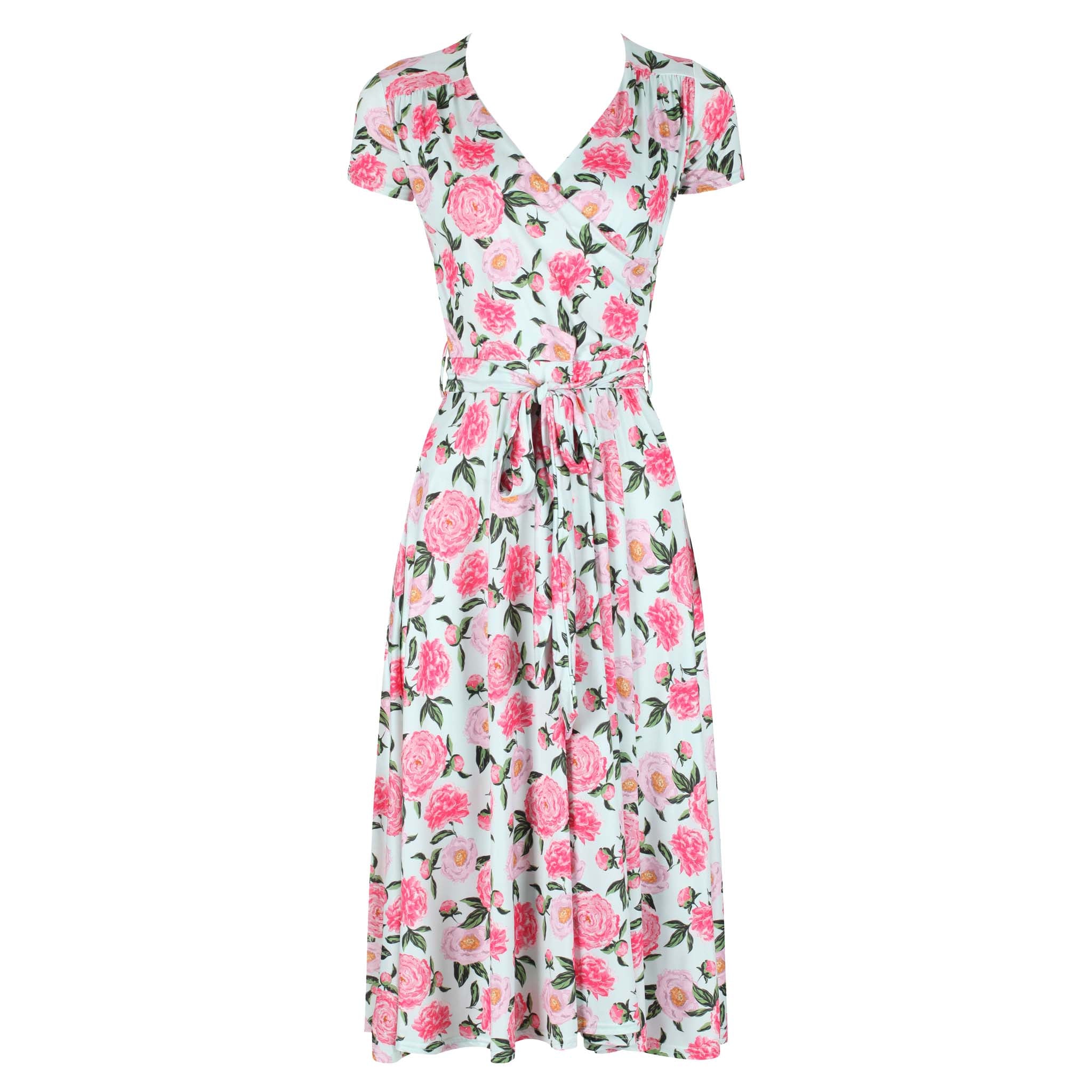 Mint Green Pink Floral Cap Sleeve Fit And Flare Midi Dress - Pretty ...