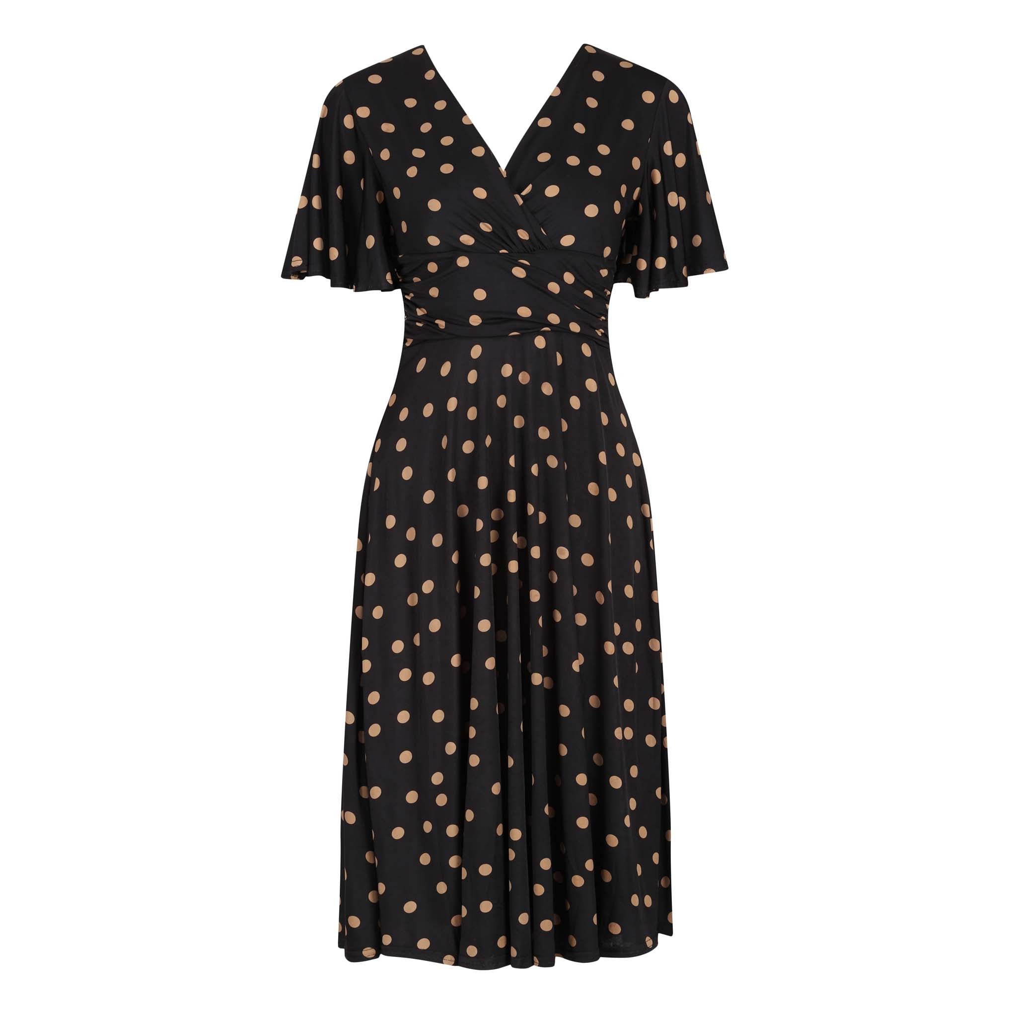 Black & Gold Polka Dot Waterfall Sleeve Wrap Style Swing Dress