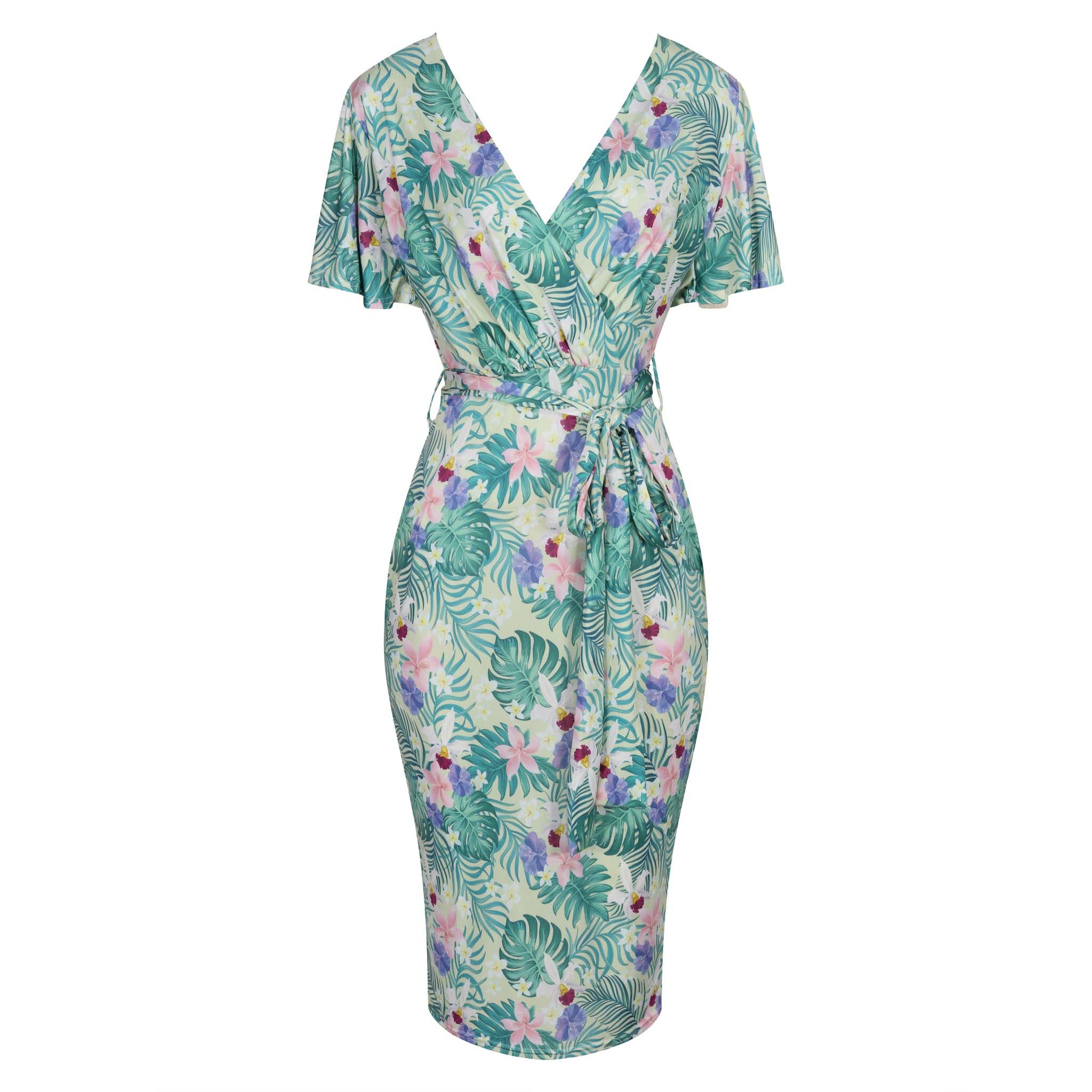 Pale Green Tropical Floral Print Waterfall Sleeve Crossover Pencil Dress
