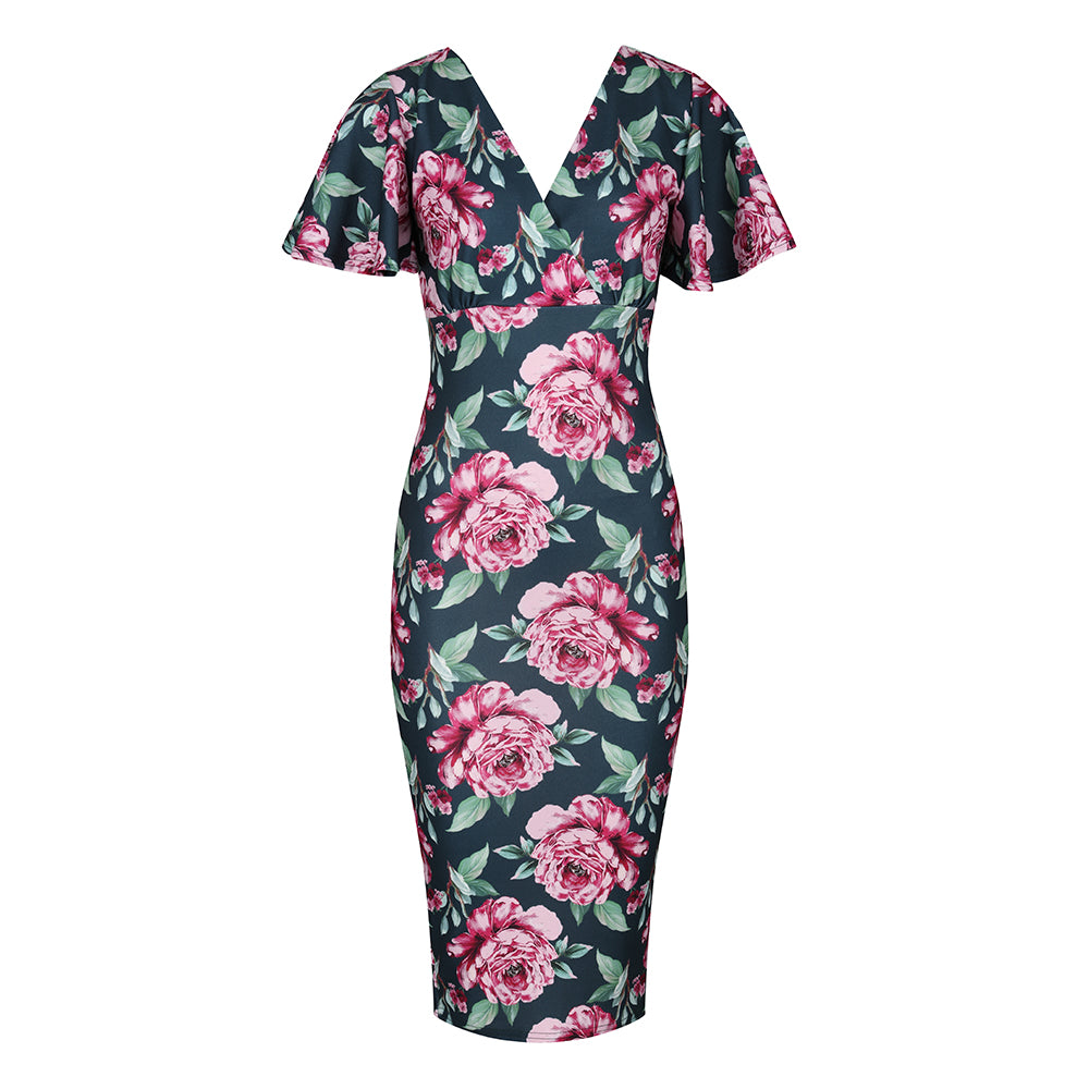 Green And Pink Floral Print Half Sleeve Deep V Neck Crossover Top Wiggle Dress