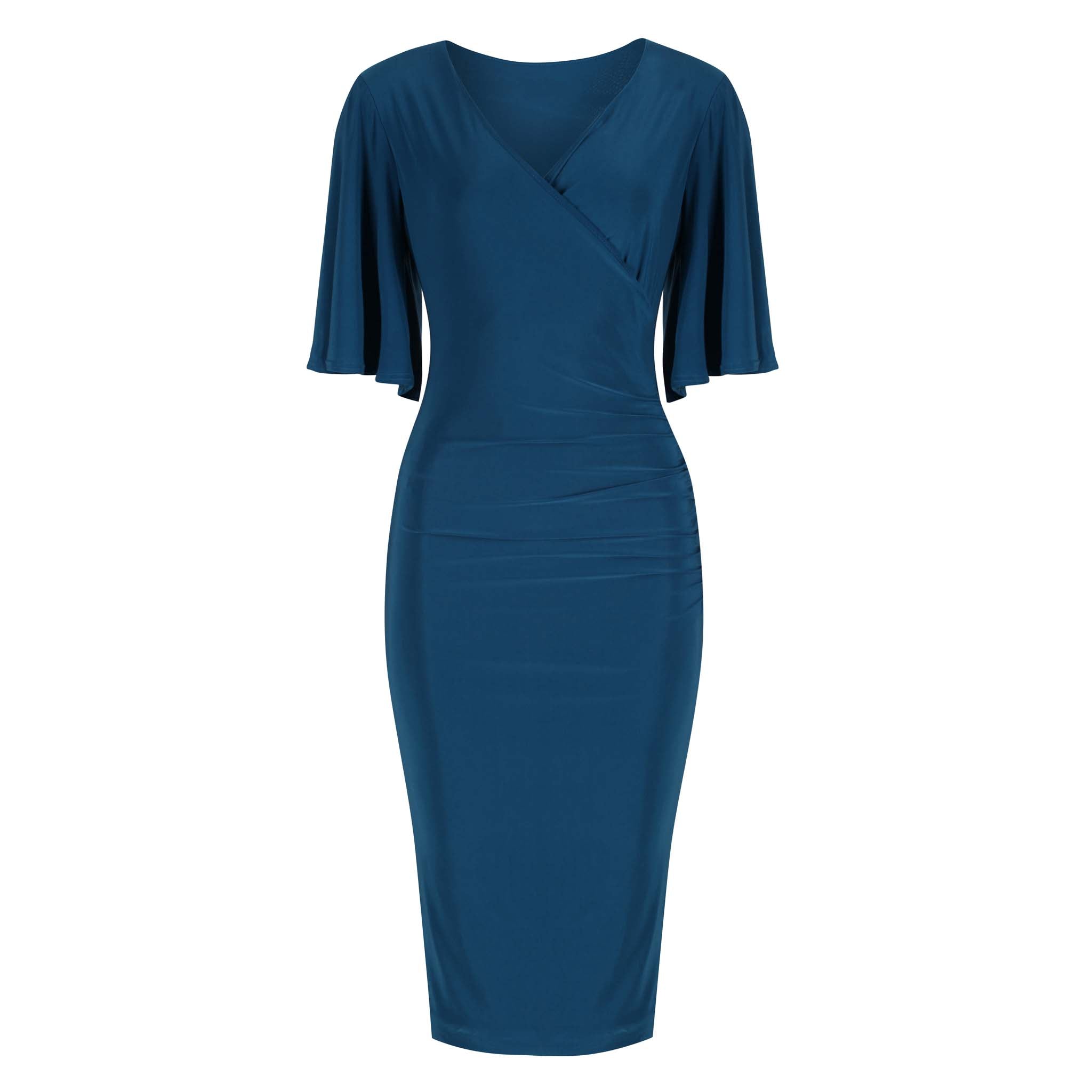 Dusty Blue Handmade 1950s Wiggle Dress with V-Shaped Wrap Style Neckline, Three newest Quarter Sleeves and Matching Belt