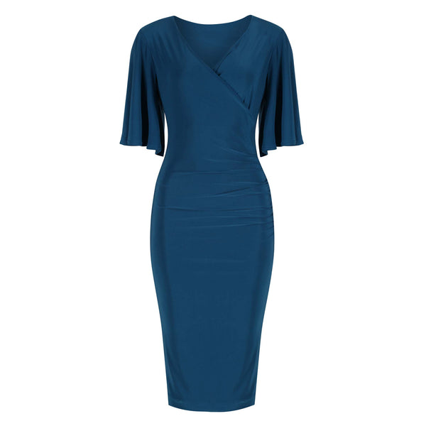 Teal Blue Wrap Top Slinky Cocktail Wiggle Dress w/ Butterfly Sleeves ...