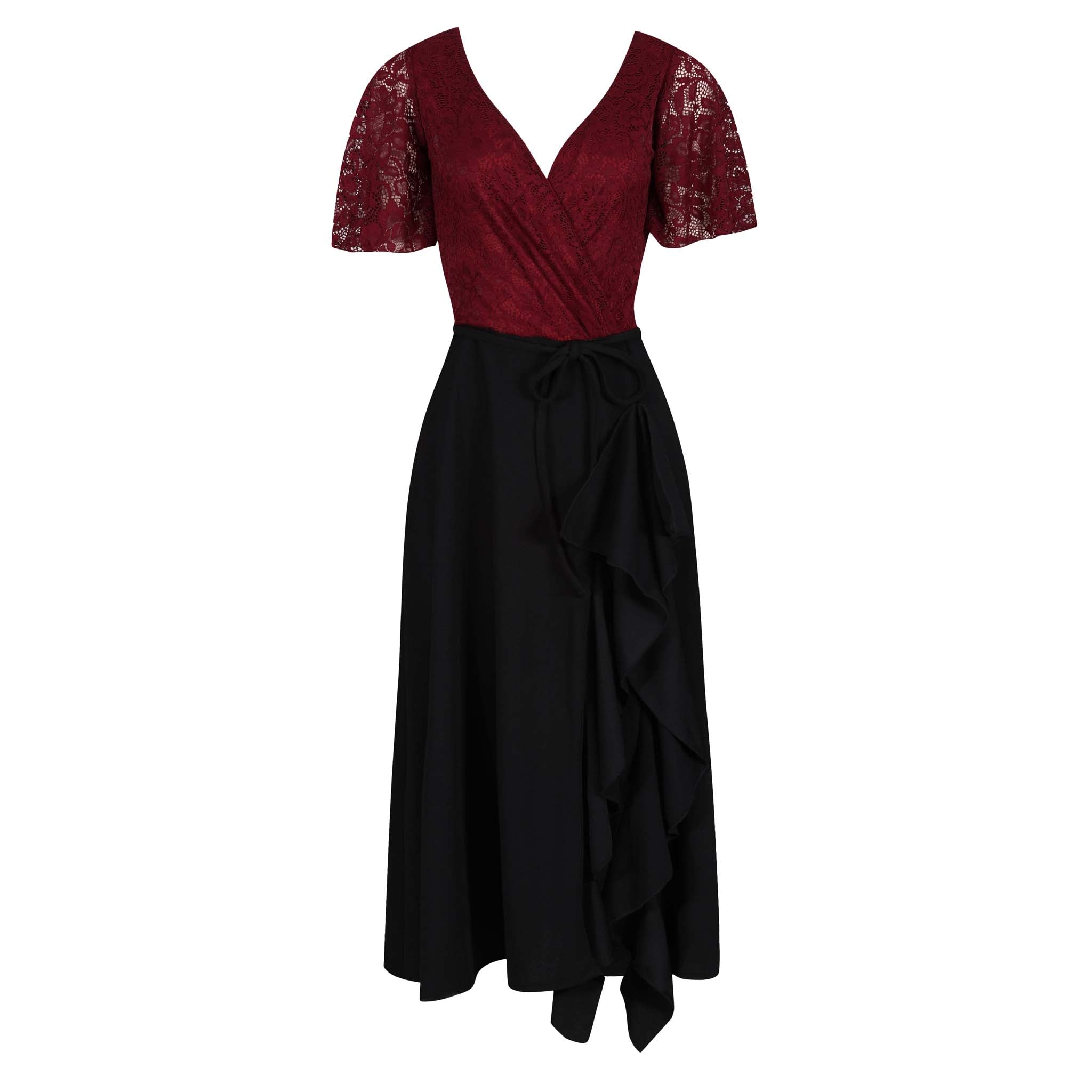 Burgundy Red Lace Top and Black Waterfall Skirt Dress - Pretty Kitty Fashion