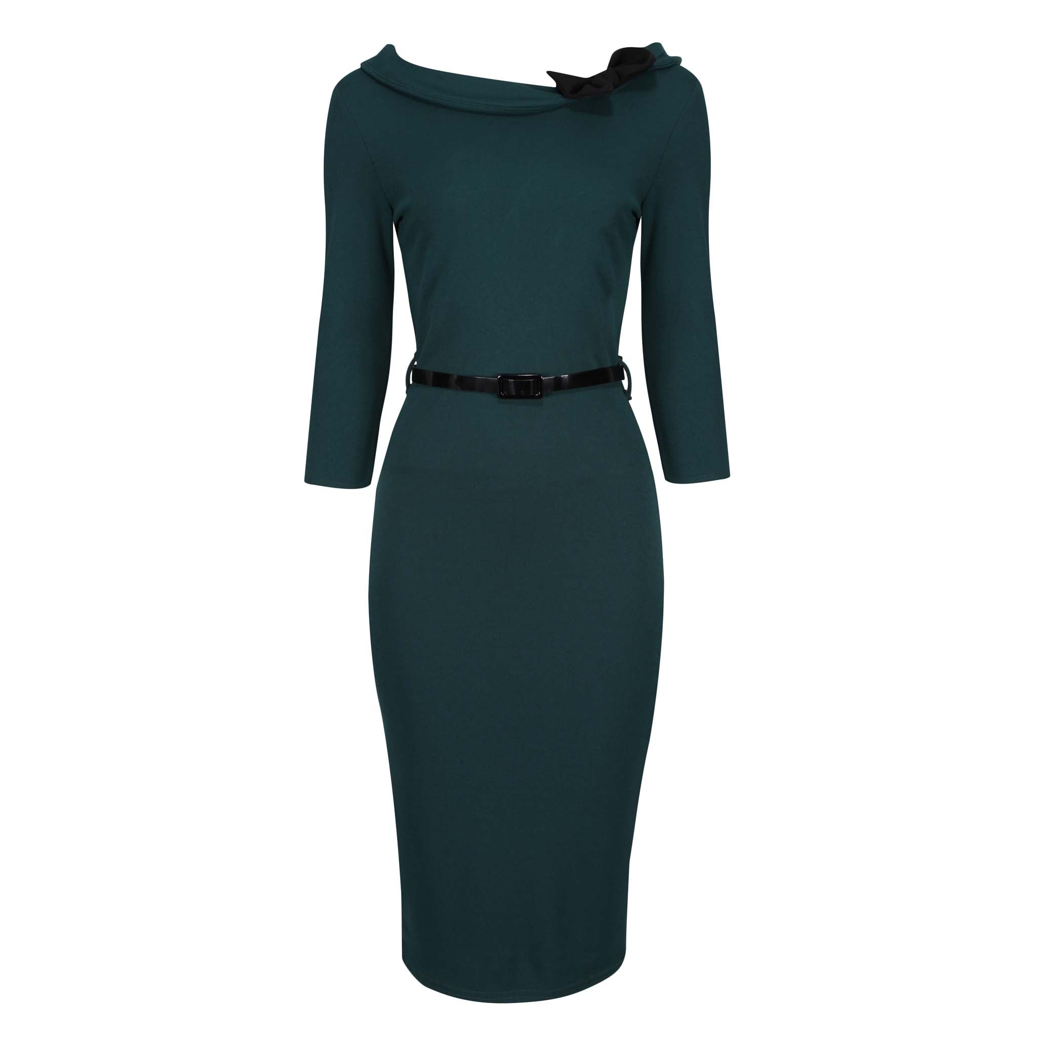 Forest Green Black Belted Bow Pencil Dress