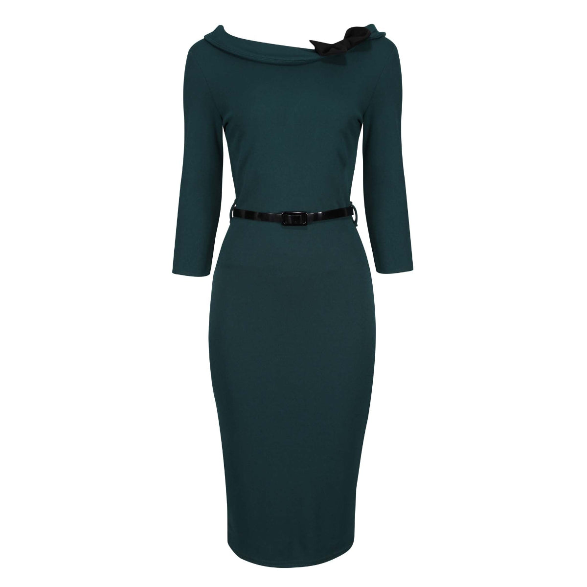 Forest Green Black Belted Bow Corsage Pencil Dress