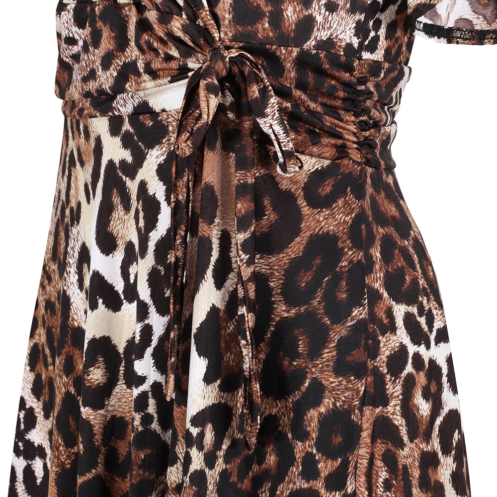 Leopard Print Cap Sleeve Crossover V Neck Wrap Top Swing Dress - Pretty Kitty Fashion