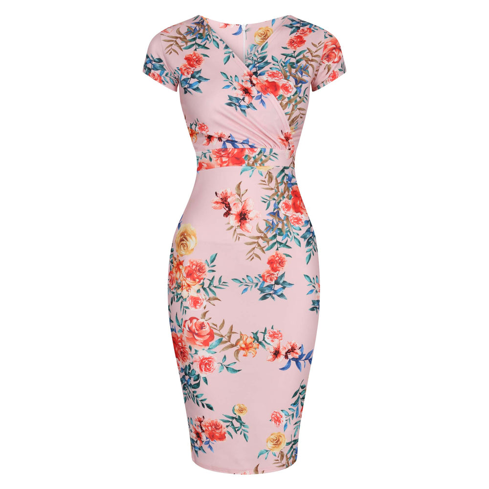 Pink Floral Print Crossover Top Cap Sleeve Pencil Dress