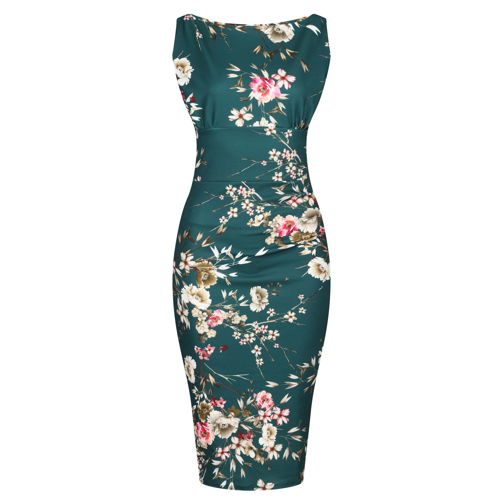 Forest Green Floral Print High Neck 40s Style Sleeveless Wiggle Dress