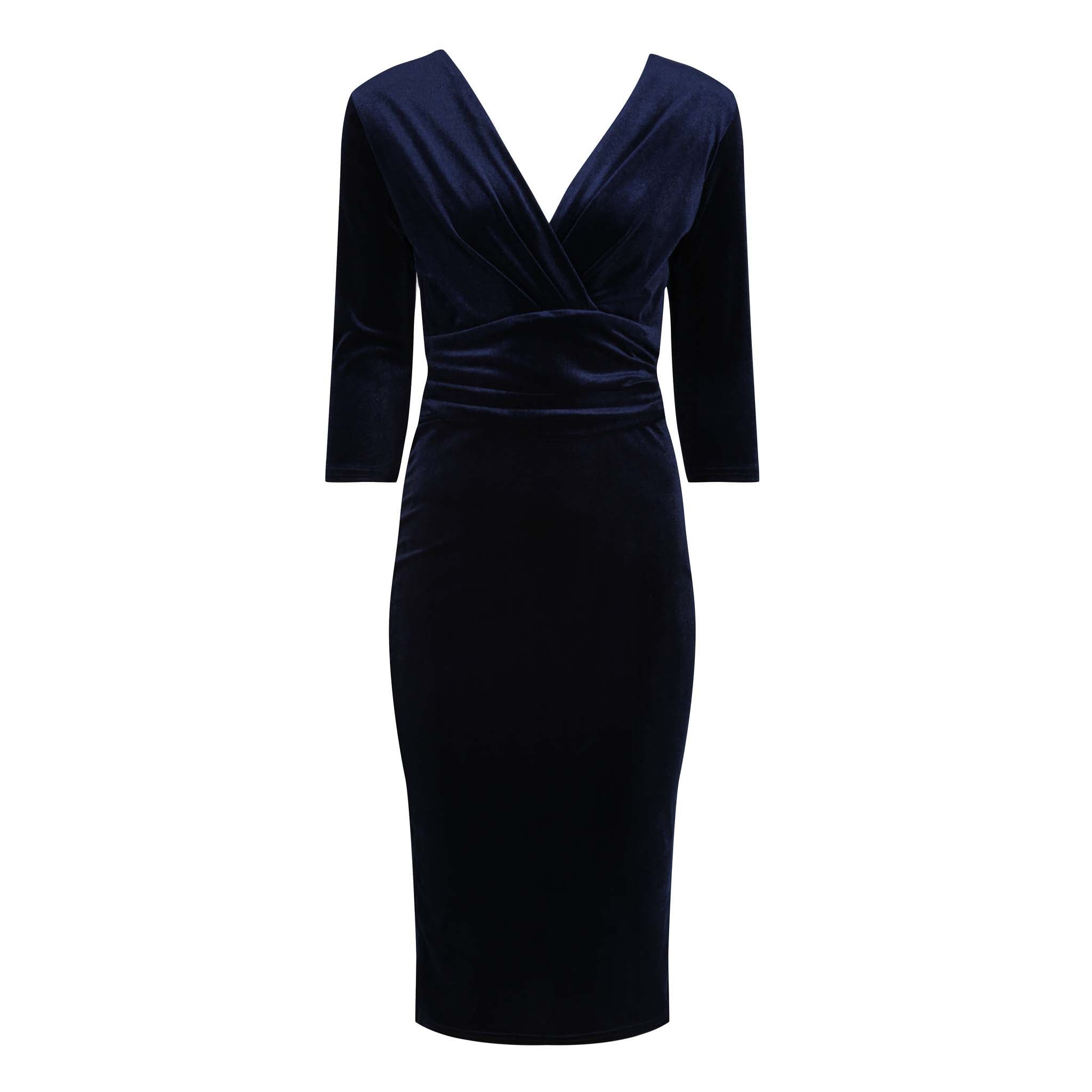 Navy Blue Velour Deep V 3 4 Sleeve Bodycon Ruched Waist Wiggle Dress