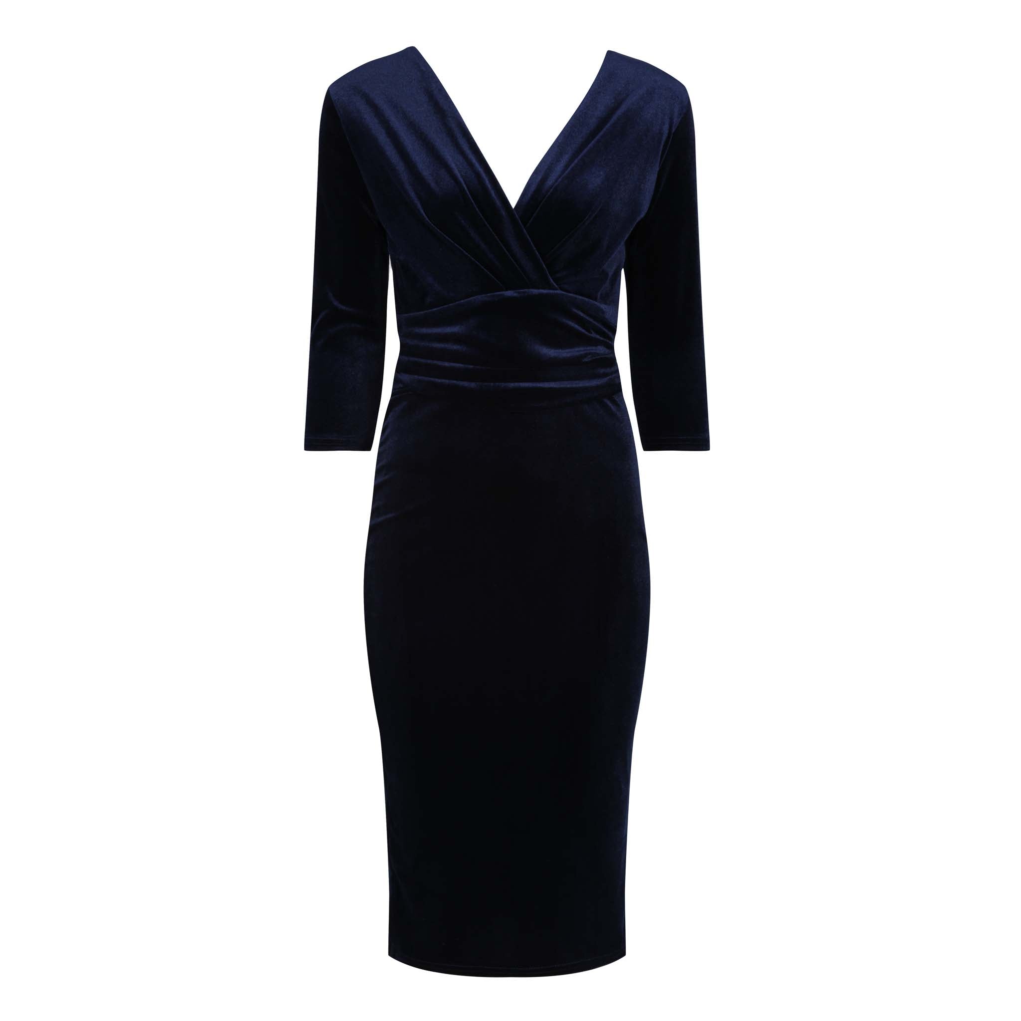 Navy Blue Velour Deep V 3/4 Sleeve Bodycon Ruched Waist Wiggle Dress