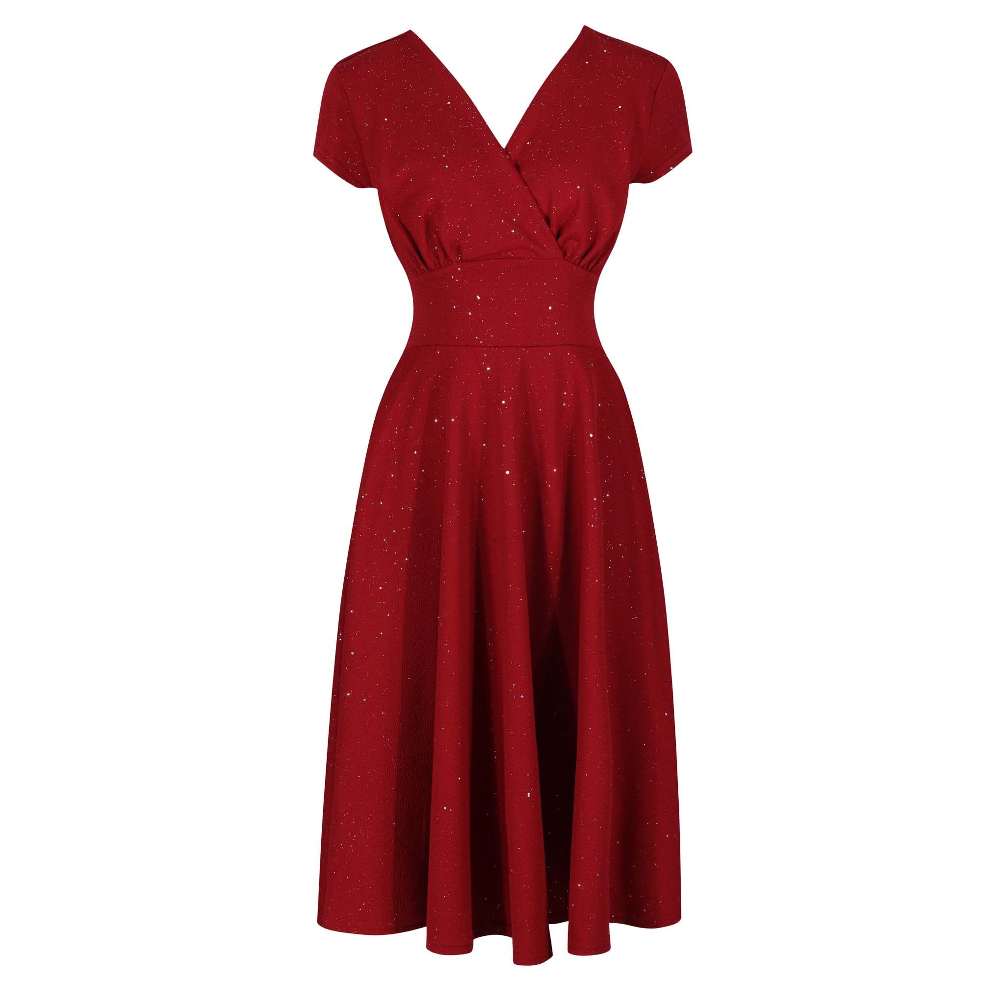 Wine Red & Sparkly Glitter A Line Crossover Top Capped Sleeve Tea Swing Dress