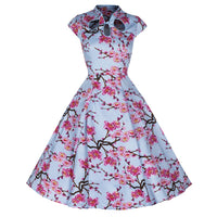 Sky Blue and Pink Floral Print 50s Swing Dress - Pretty Kitty Fashion