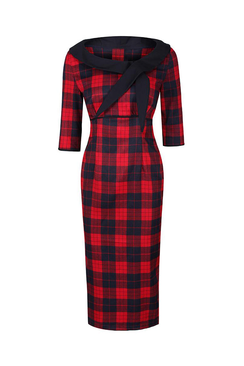 Red and Black Check 3/4 Sleeve Bow Neck 40s Wiggle Dress - Pretty Kitty Fashion