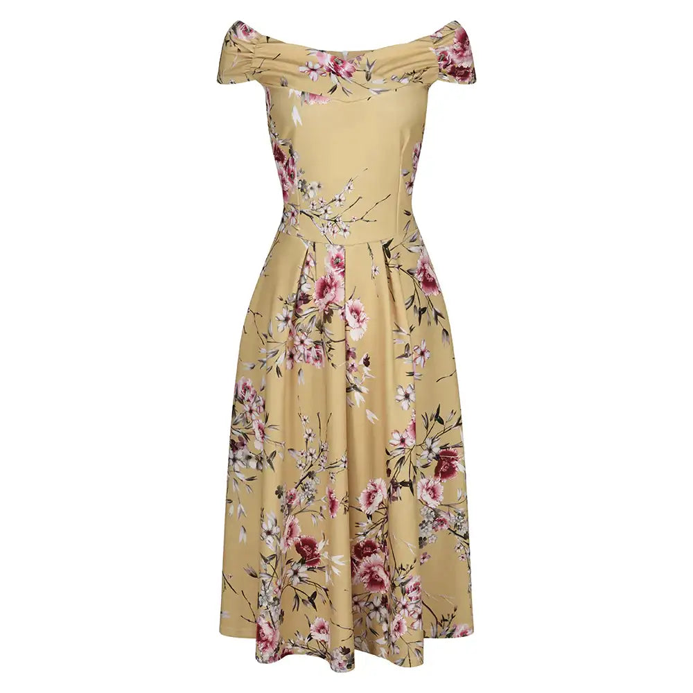 Yellow Floral Print Crossover Bardot 50s Swing Dress