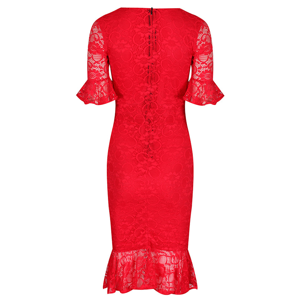 Red Lace Half Sleeve Fishtail Peplum Hem Bodycon Pencil Dress - Pretty Kitty Fashion