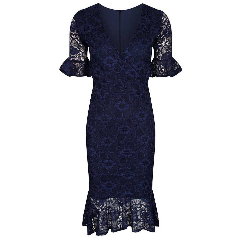 Navy Blue Lace Half Sleeve Fishtail Peplum Hem Bodycon Pencil Dress ...