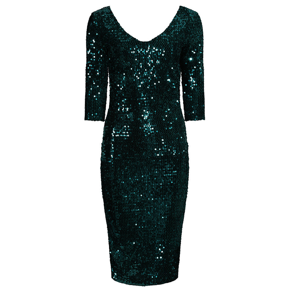 Emerald Green 3/4 Sleeve V Neck Velour Sequin Pencil Wiggle Party Dres ...