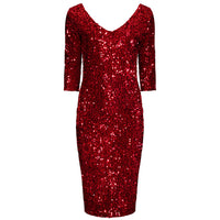 Red 3/4 Sleeve V Neck Velour Sequin Pencil Wiggle Party Dress - Pretty Kitty Fashion
