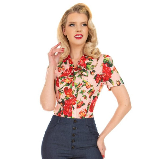 Soft Blush Pink Red Rose Floral Vintage Blouse