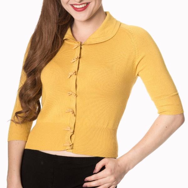 Mustard Short Sleeve Crop Collar Cardigan - Pretty Kitty Fashion