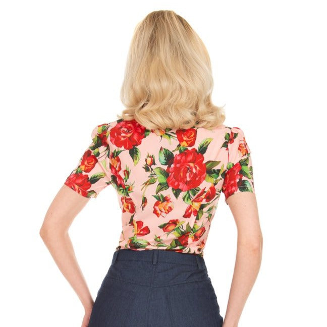 Soft Blush Pink Red Rose Floral Vintage Blouse