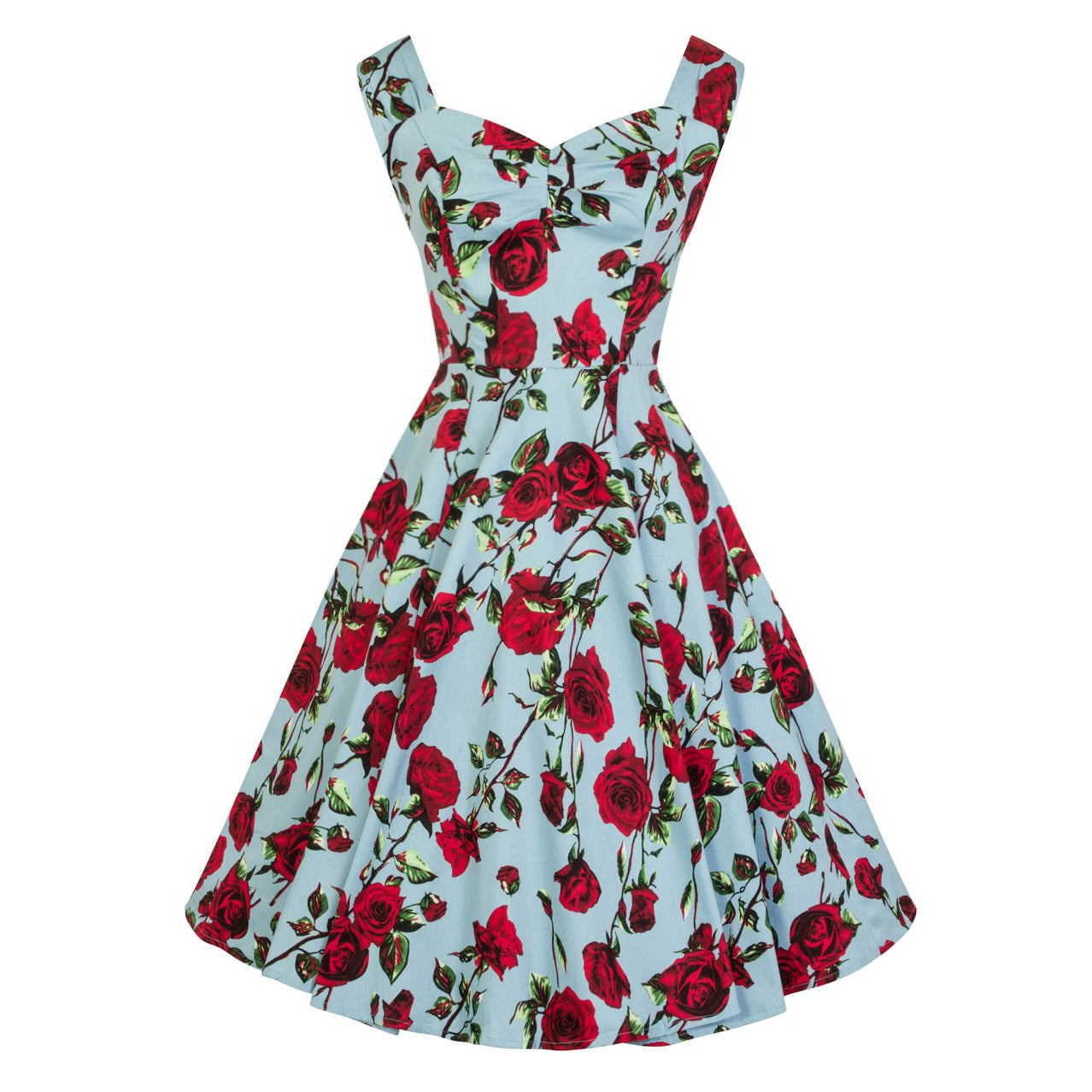 Sky Blue and Red Rose Floral Print Rockabilly 50s Swing Dress - Pretty Kitty Fashion