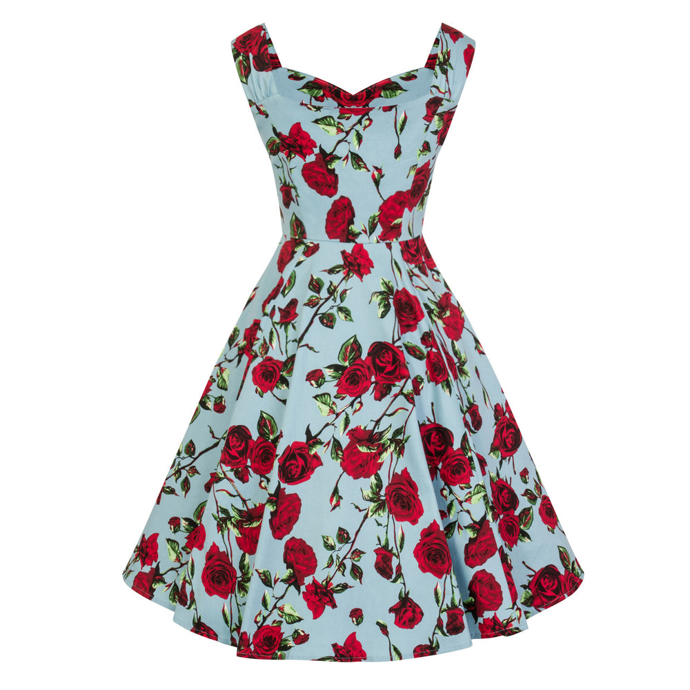 Sky Blue and Red Rose Floral Print Rockabilly 50s Swing Dress - Pretty Kitty Fashion