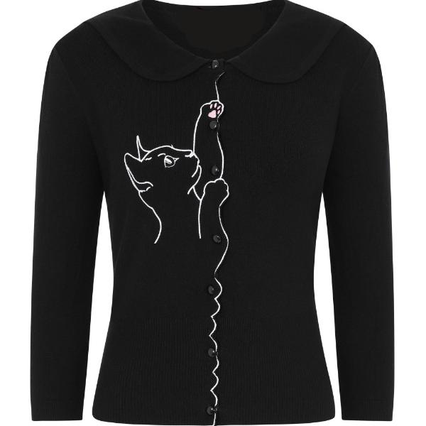 3/4 Sleeve Black Kitten Embroidered Crop Cardigan - Pretty Kitty Fashion