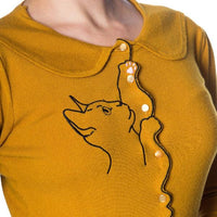 3/4 Sleeve Mustard Kitten Embroidered Crop Cardigan - Pretty Kitty Fashion