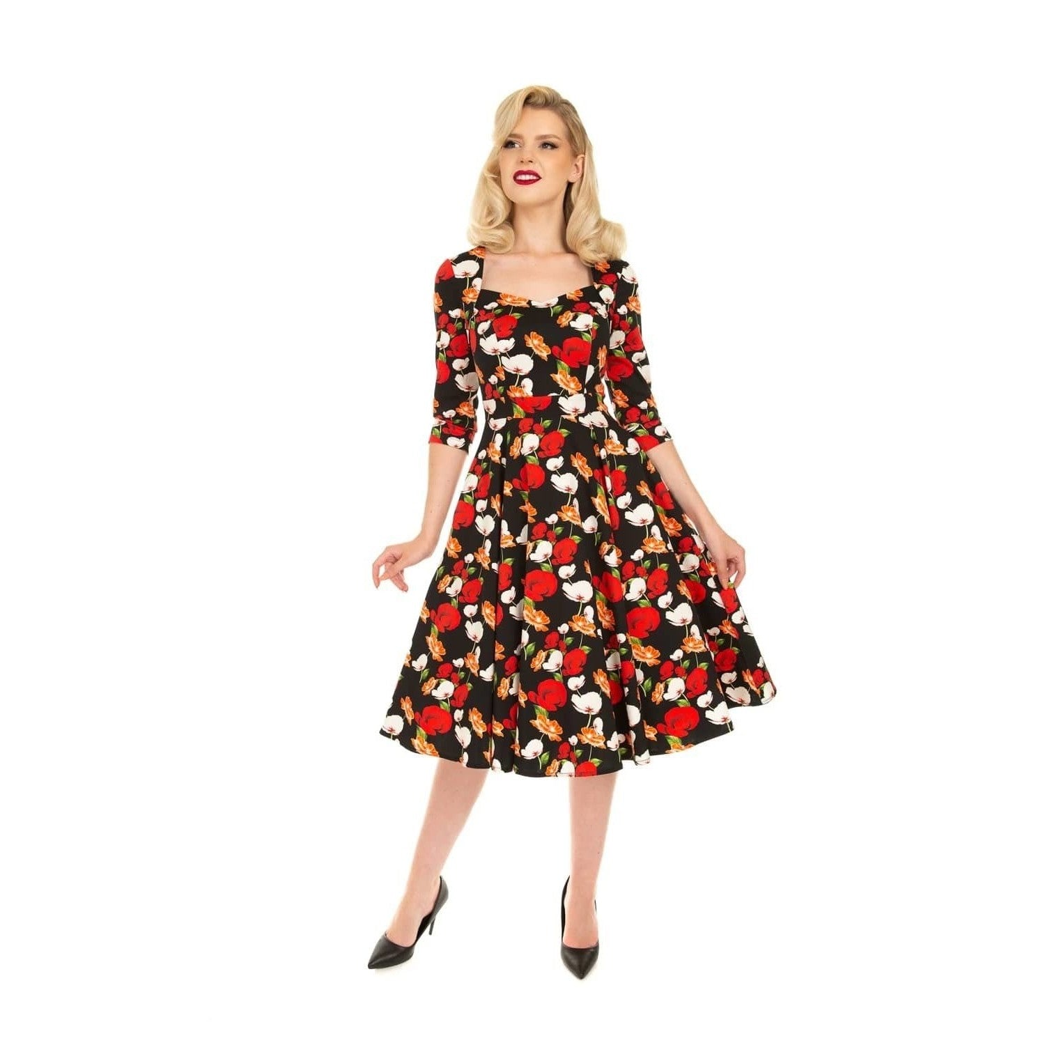Black Rose And Poppy Floral Print 3/4 Sleeve 50s Swing Dress SIZE 26