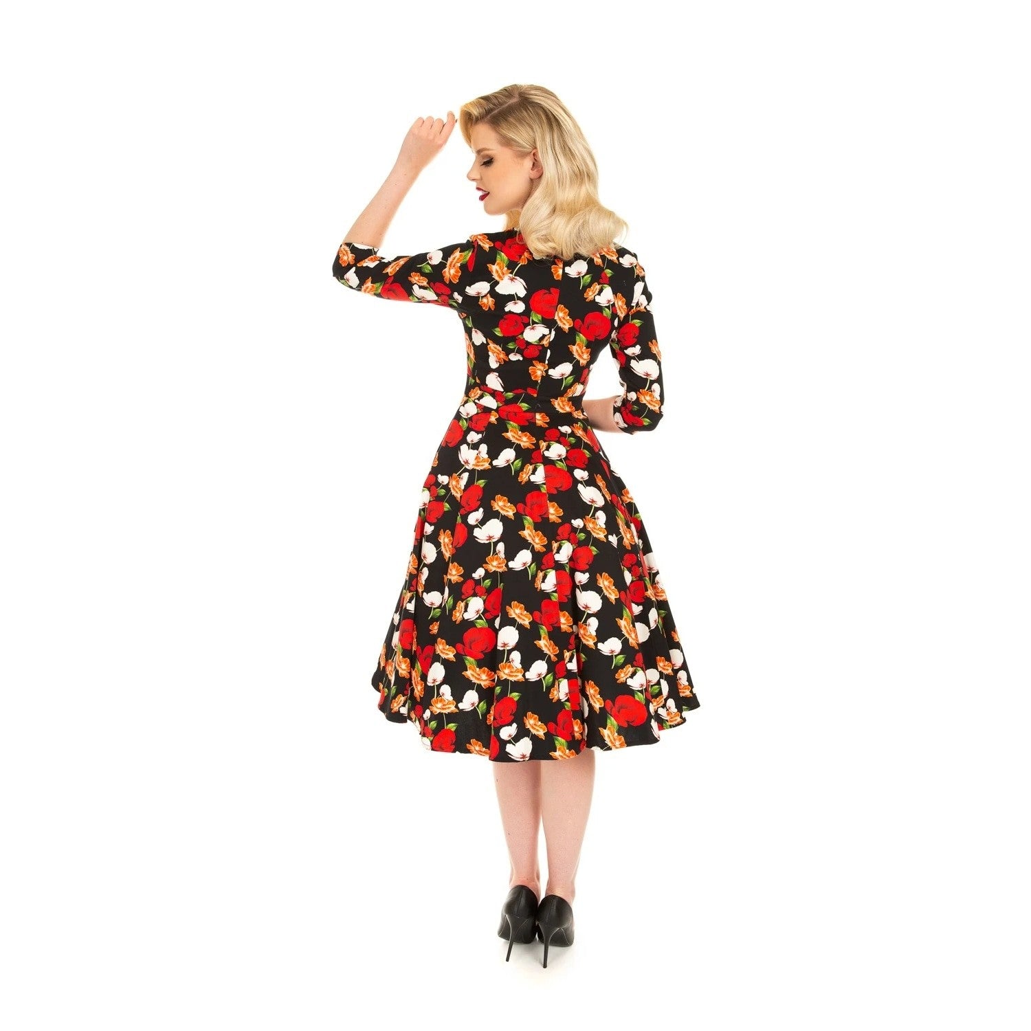 Black Rose And Poppy Floral Print 3/4 Sleeve 50s Swing Dress SIZE 26