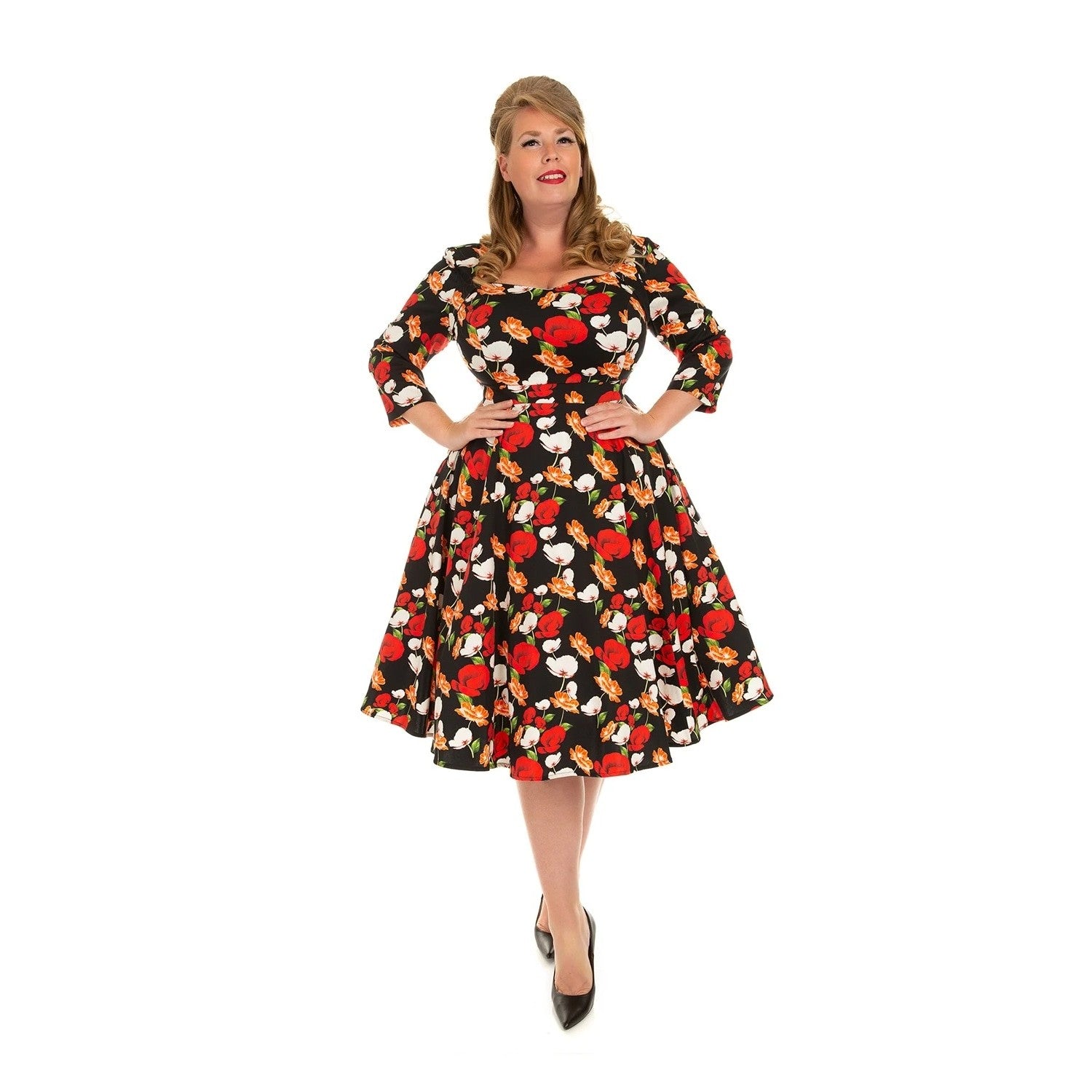 Black Rose And Poppy Floral Print 3/4 Sleeve 50s Swing Dress SIZE 26