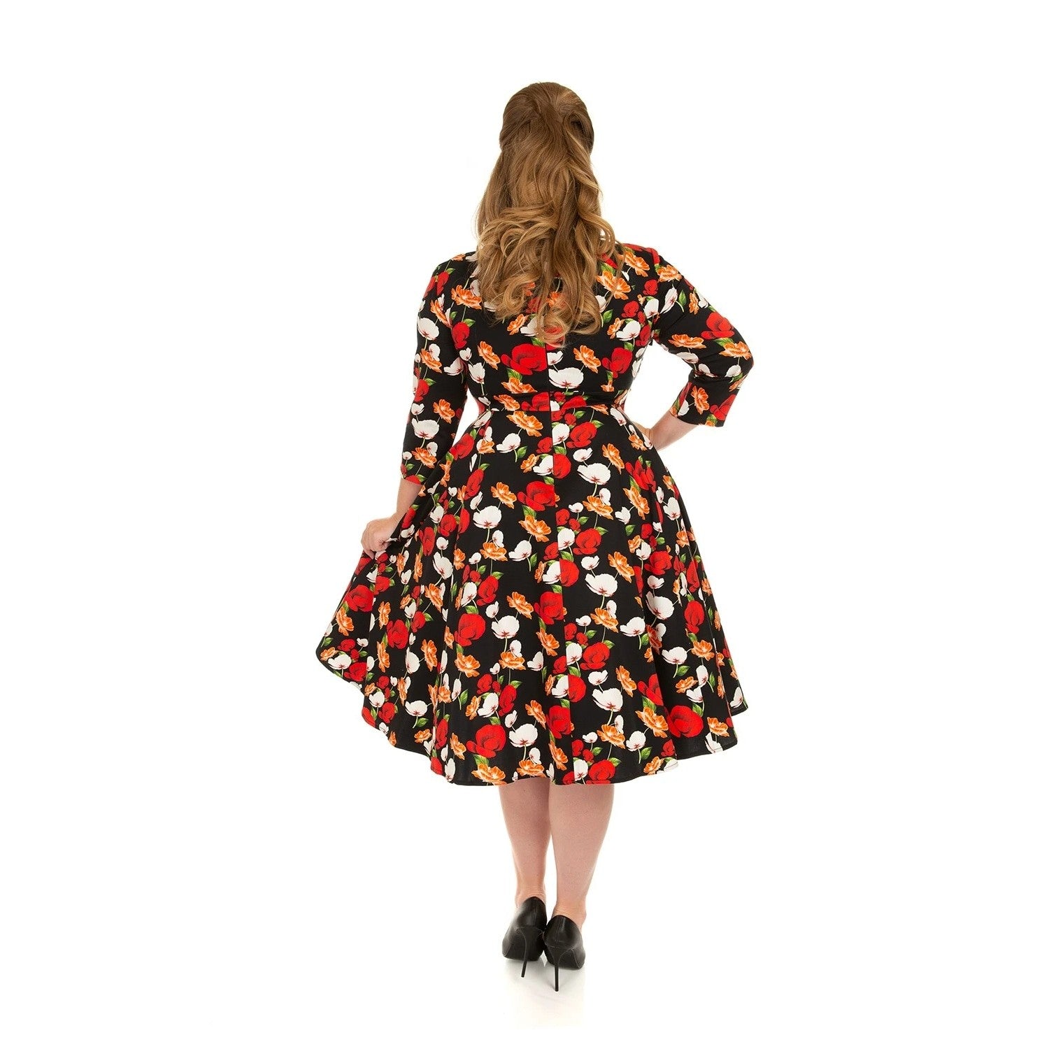 Black Rose And Poppy Floral Print 3/4 Sleeve 50s Swing Dress SIZE 26