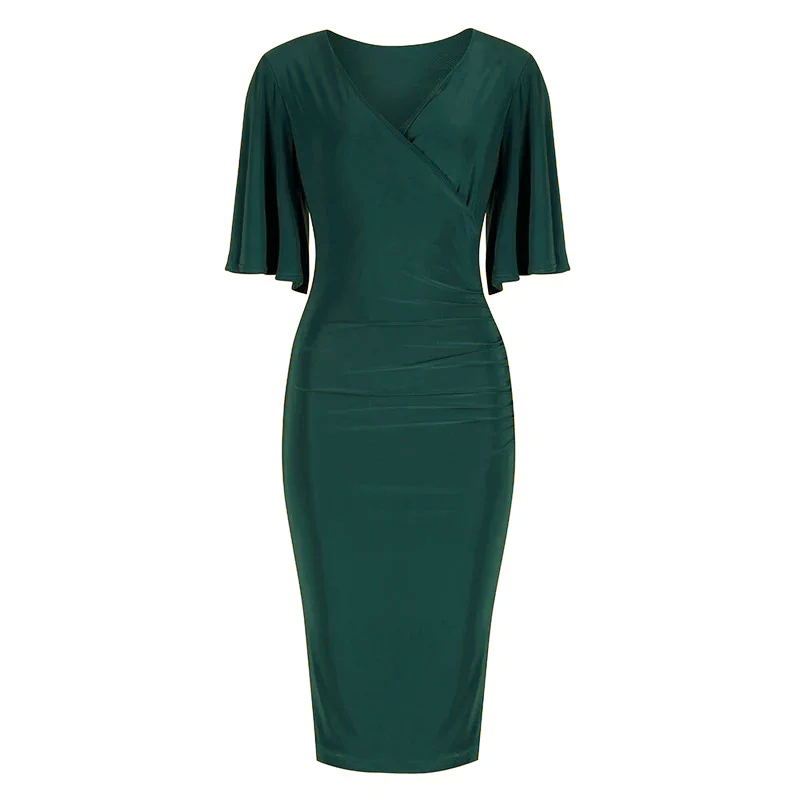 Forest Green Butterfly Sleeve Slinky Cocktail Wiggle Dress