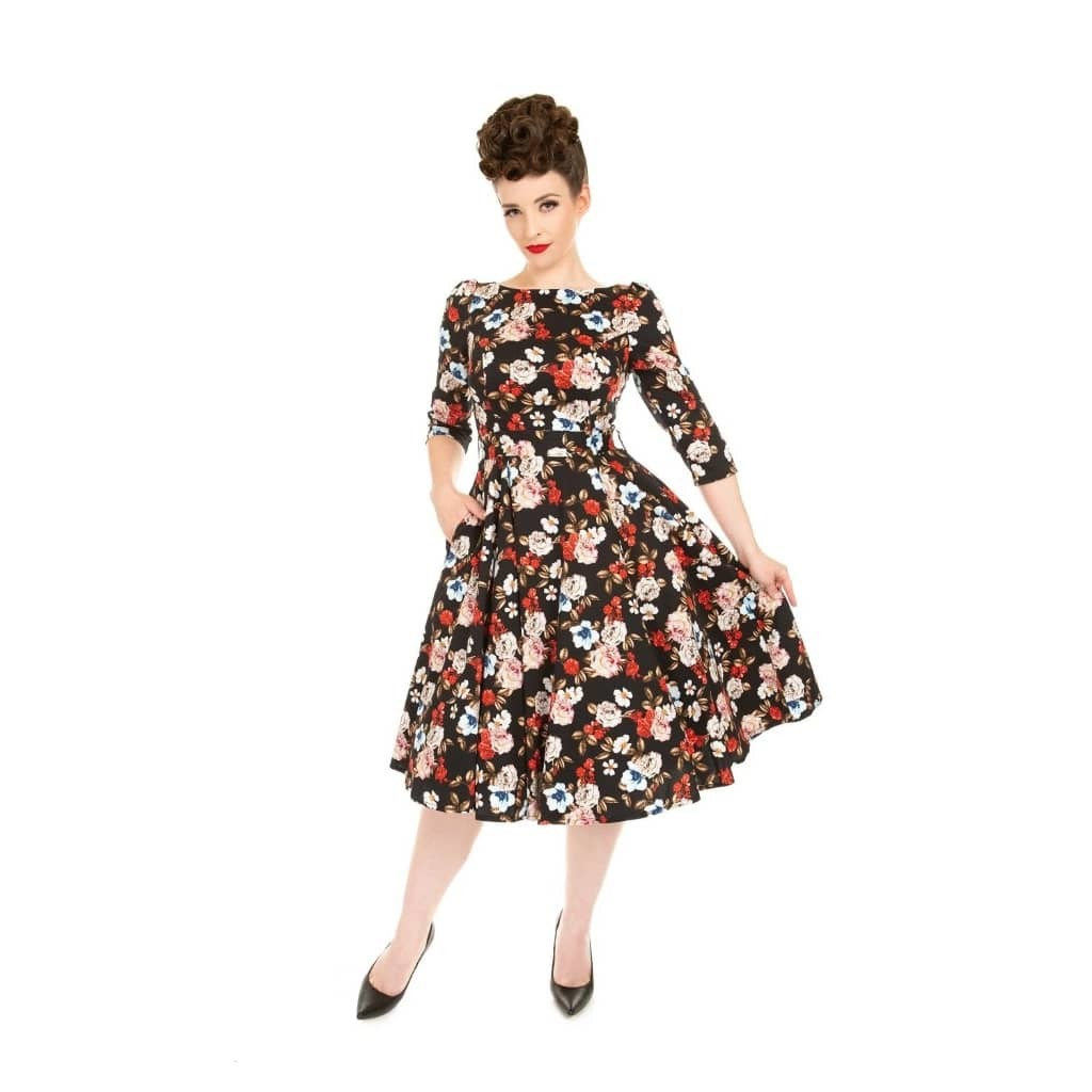 Black Floral Vintage 50s 3/4 Sleeve Swing Tea Dress
