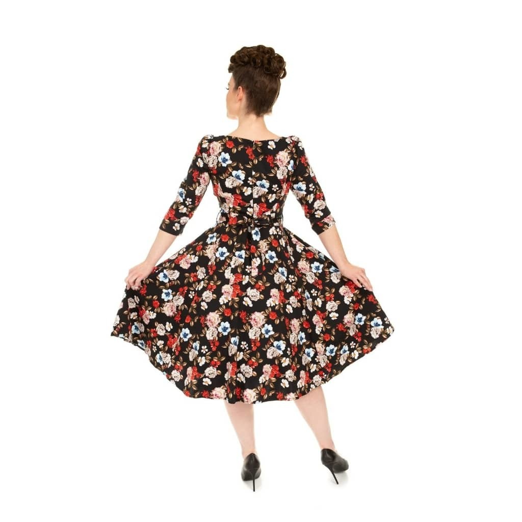 Black Floral Vintage 50s 3/4 Sleeve Swing Tea Dress