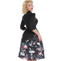 Black 3/4 Sleeve Swan and Flamingo Print 50s Swing Tea Dress - Pretty Kitty Fashion