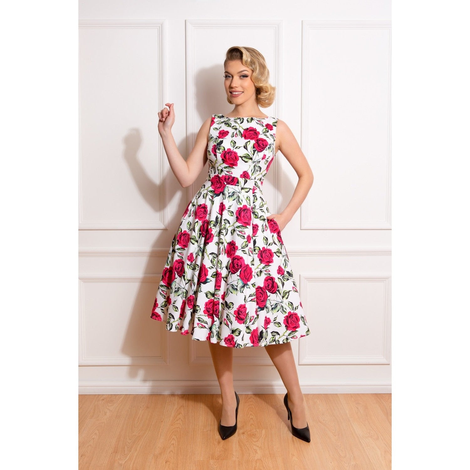 White Rose Floral Audrey Rockabilly 50s Swing Dress