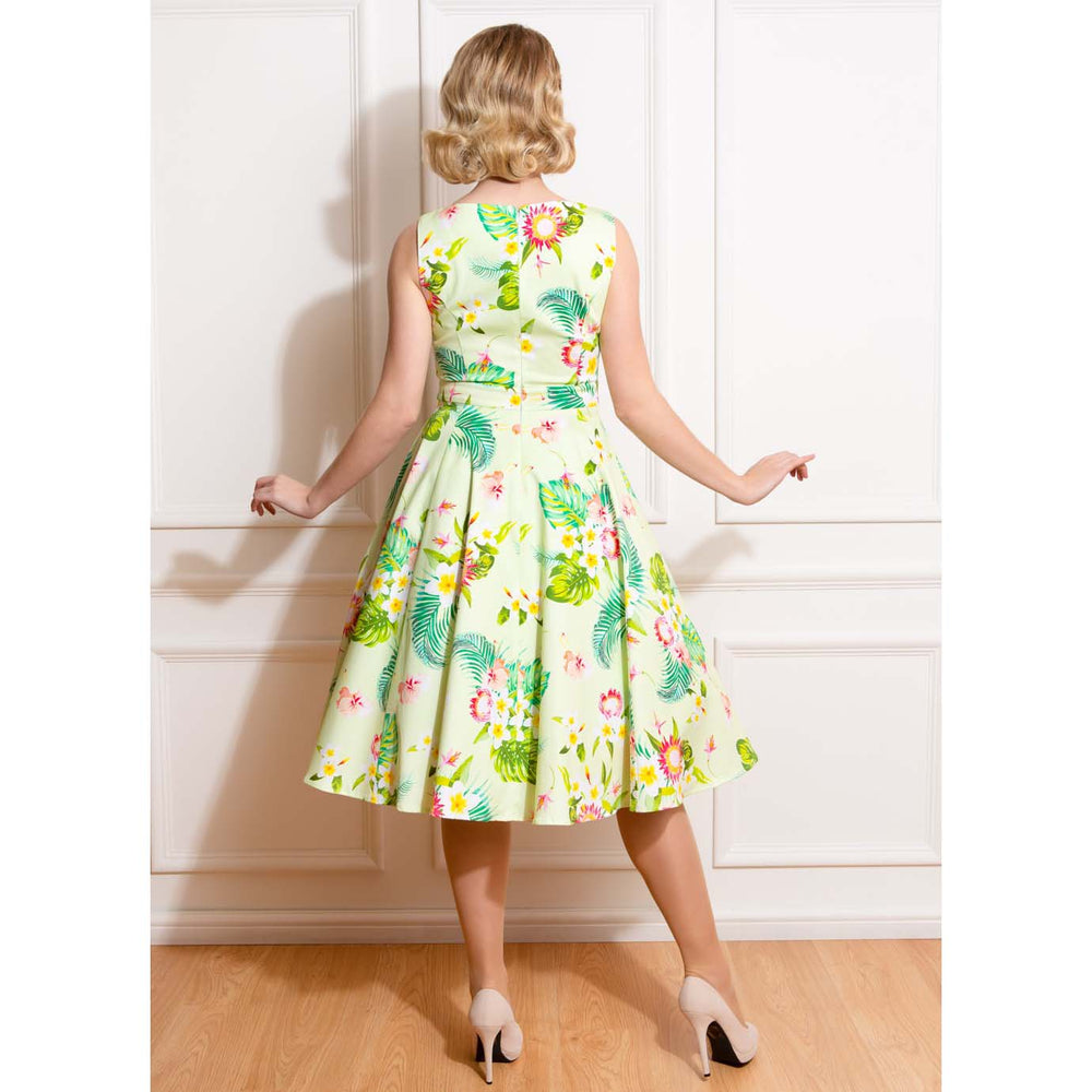 Green Tropical Floral Audrey Rockabilly 50s Swing Dress