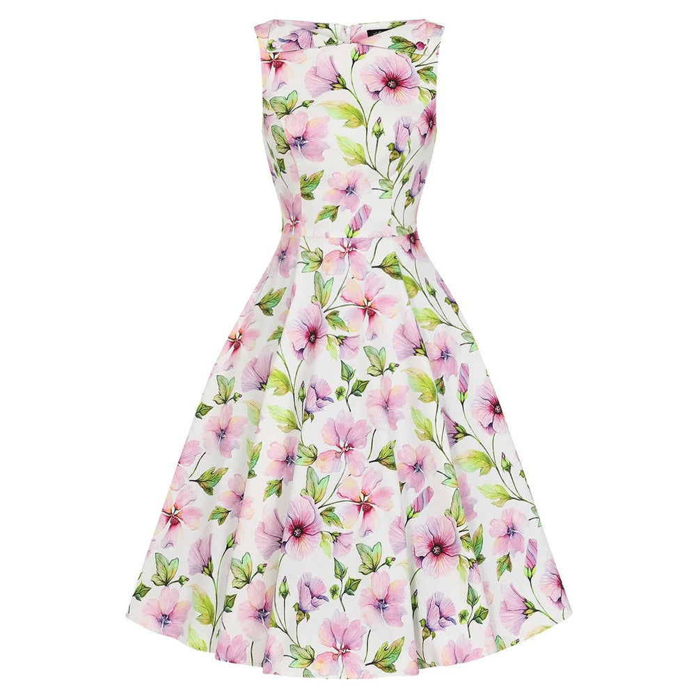 White & Spring Floral Print Audrey Style 50s Swing Dress