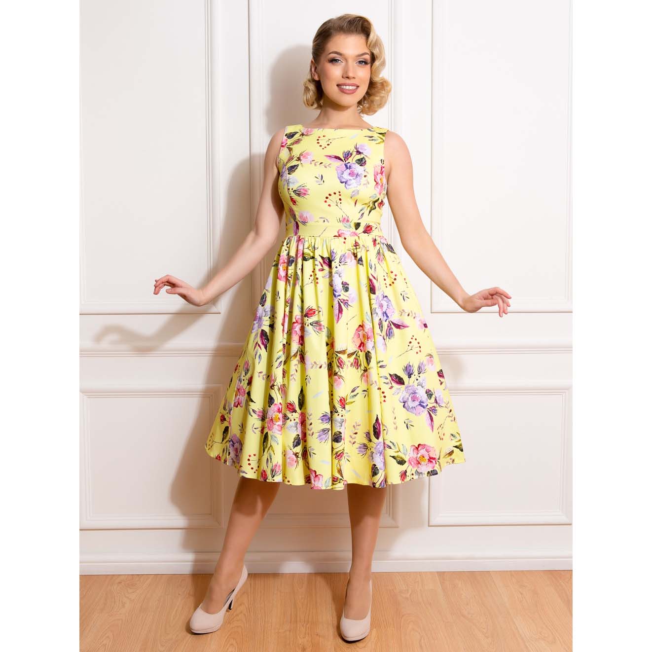 Yellow Floral Audrey Rockabilly 50s Swing Dress